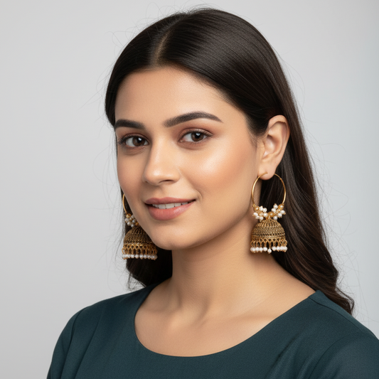 Golden Pearl Hoop Jhumka Earrings - Modern Traditional Fusion