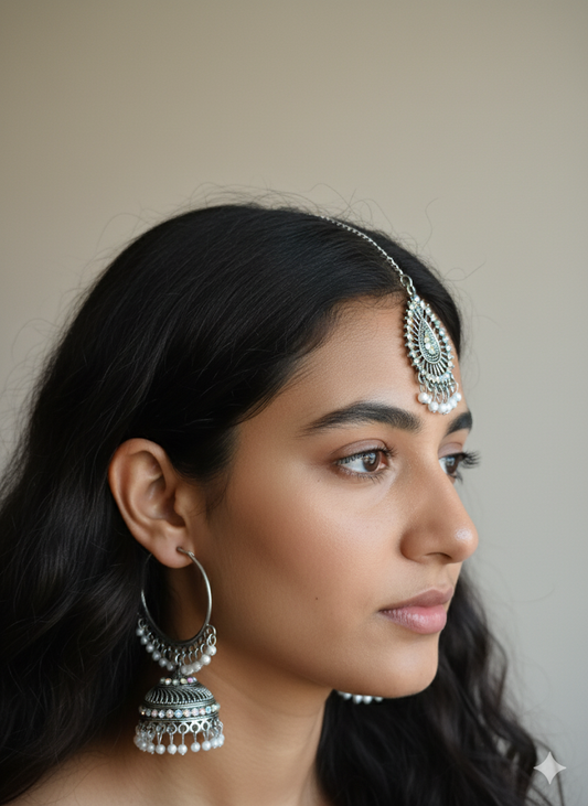Antique Finish Silver Jhumka & maang tikka - Nethichudi Set