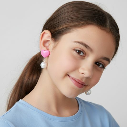 Sweet Heart Pearl Drop Earrings - Pink & White