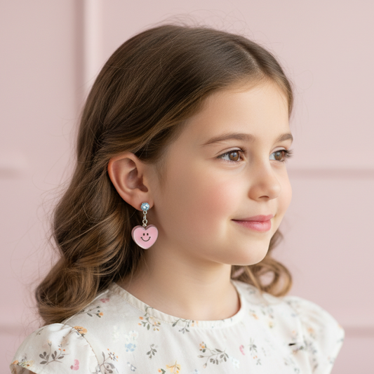 Sparkly Smiley Heart Drop Earrings - Pink Crystal Studs