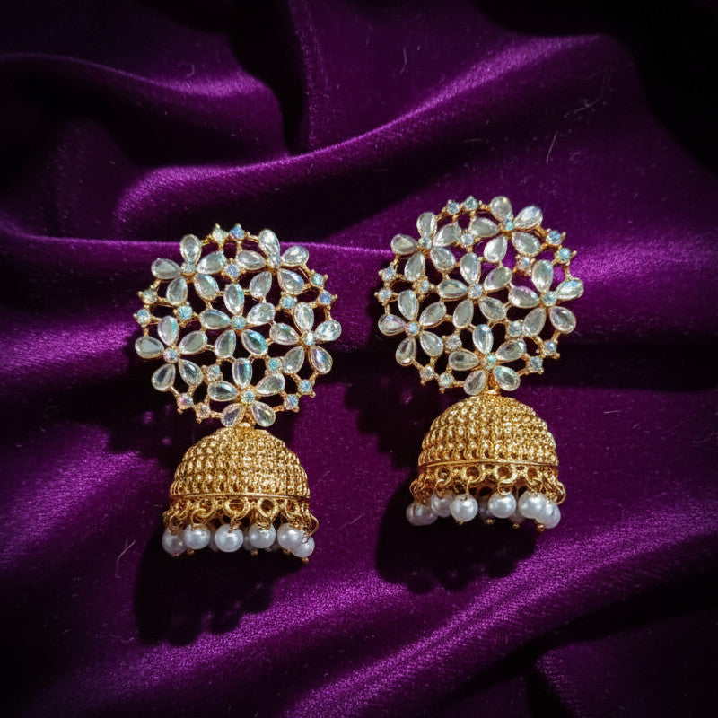 Stunning Kundan Floral Jhumkas - Crystal Flower Tops with Golden Dome & Pearl Drops | Bridal Wedding Earrings
