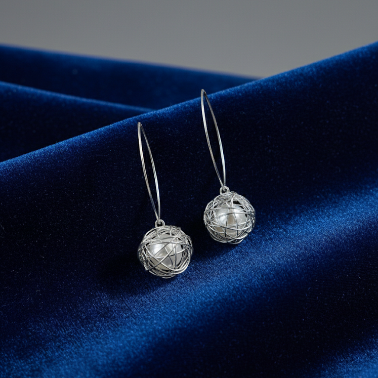 Silver Wire Cage Ball Earrings - Modern Geometric Style