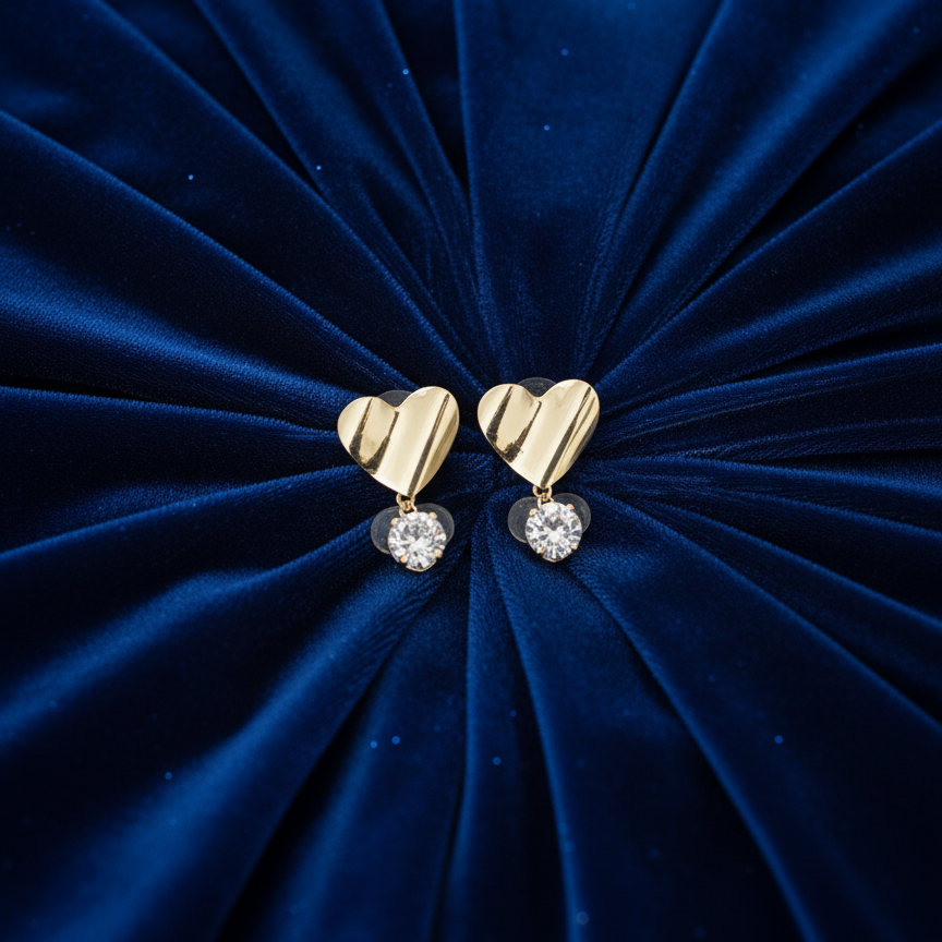 Gold Heart & Crystal Drop Earrings - Classic Elegance