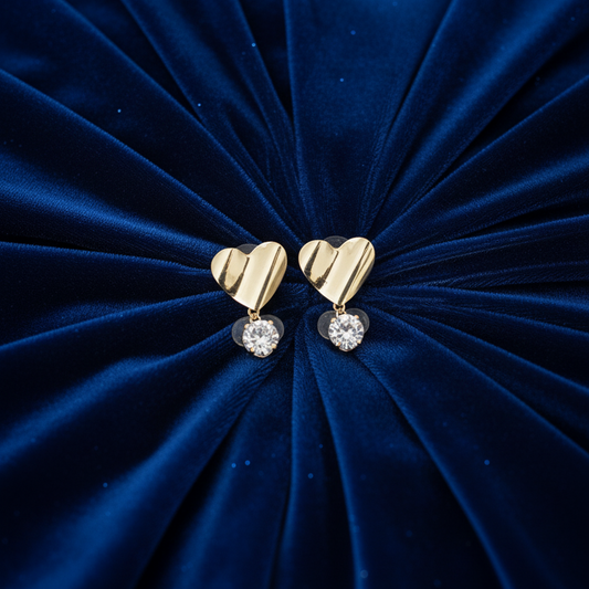 Gold Heart & Crystal Drop Earrings - Classic Elegance