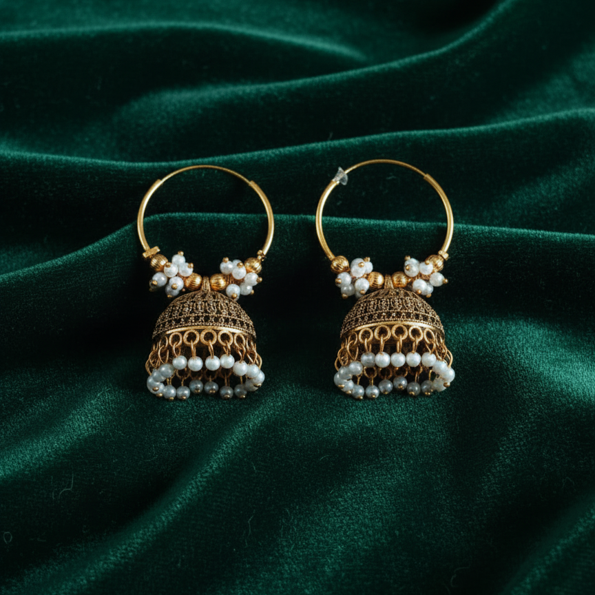 Golden Pearl Hoop Jhumka Earrings - Modern Traditional Fusion