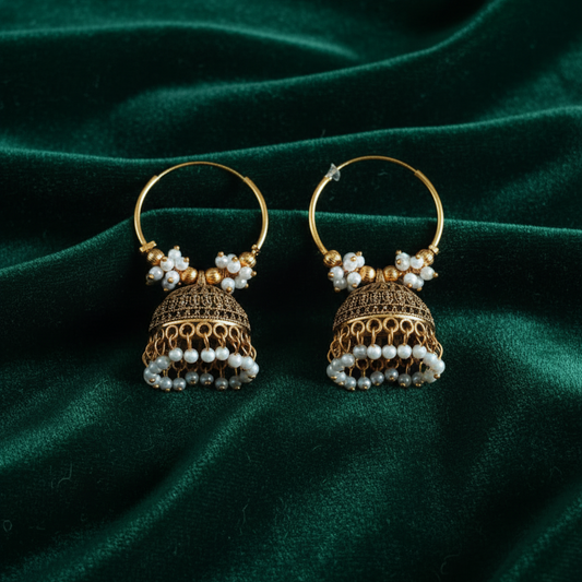Golden Pearl Hoop Jhumka Earrings - Modern Traditional Fusion