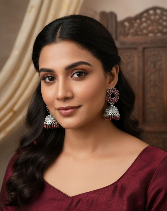 Antique Silver Floral Jhumka Earrings - Vintage Elegance