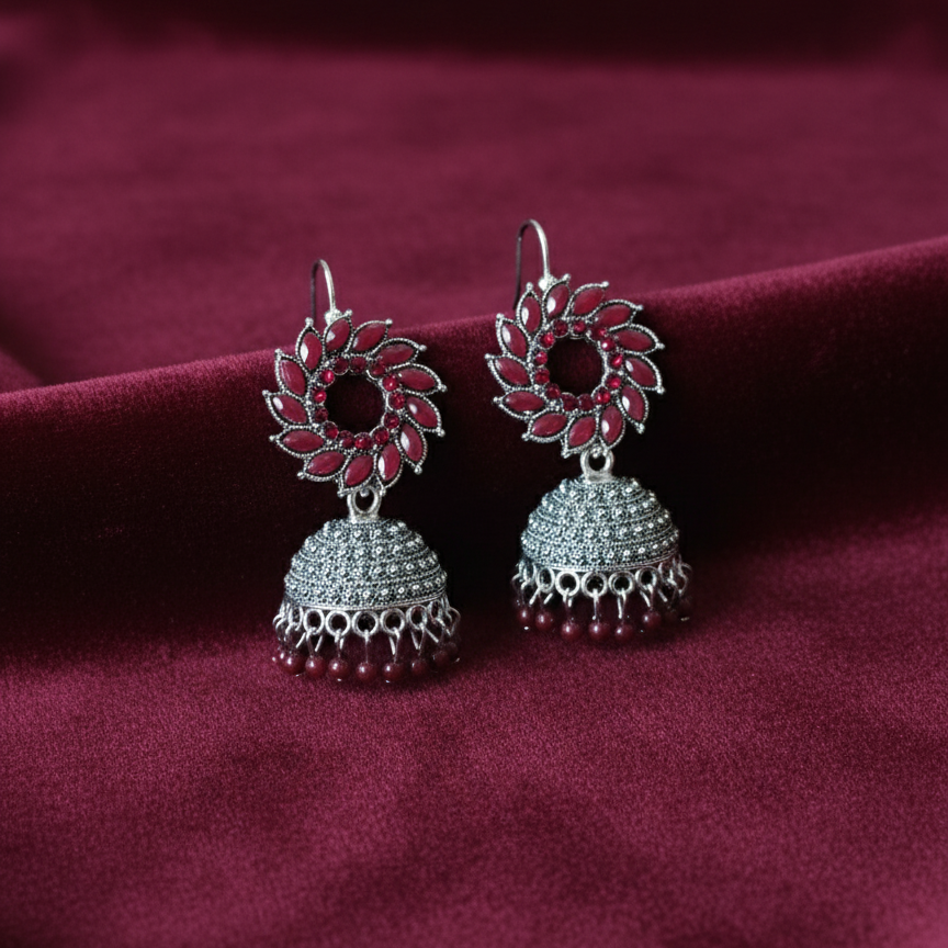 Antique Silver Floral Jhumka Earrings - Vintage Elegance