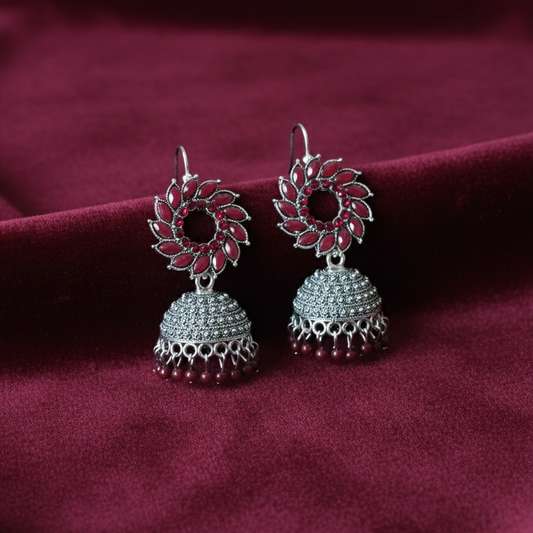 Antique Silver Floral Jhumka Earrings - Vintage Elegance