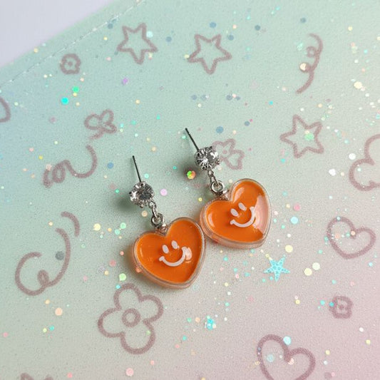 Orange Smiley Heart Drop Earrings - Happy Vibes Only