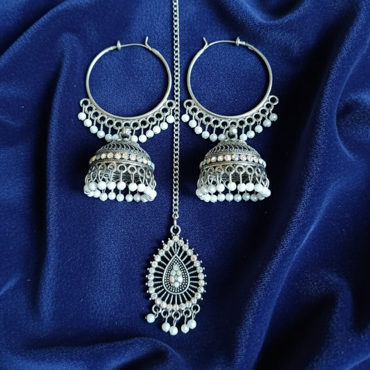 Antique Finish Silver Jhumka & maang tikka - Nethichudi  Set