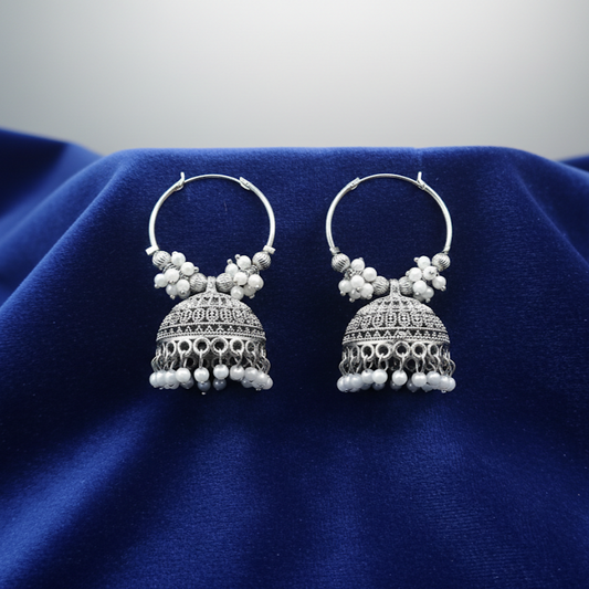 Silver Pearl Hoop Jhumka Earrings - Elegant Heritage Design