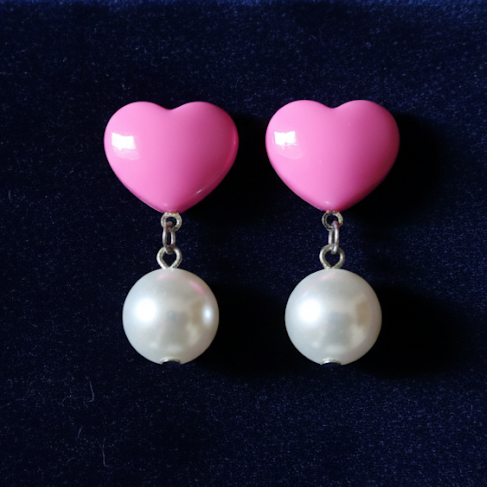 Sweet Heart Pearl Drop Earrings - Pink & White