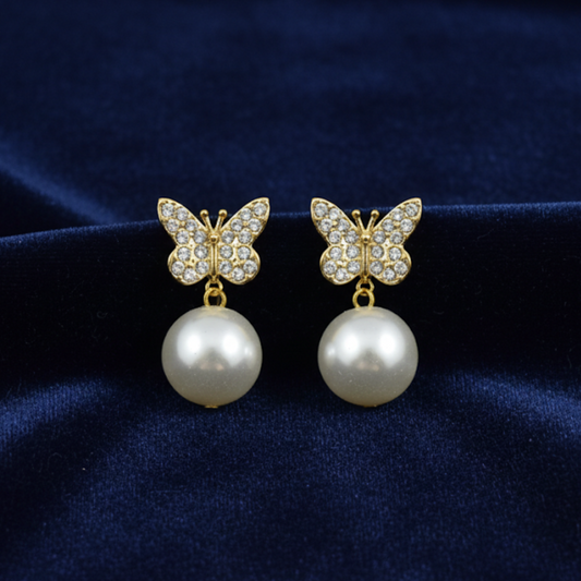 Crystal Butterfly Pearl Drop Earrings - Gold & White Elegance