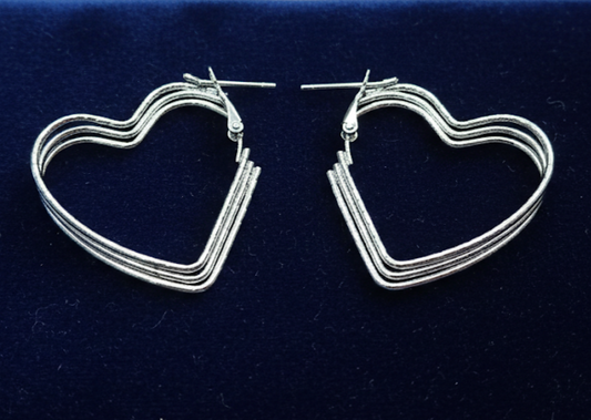 Silver Heart Hoop Earrings - Triple Wire Design