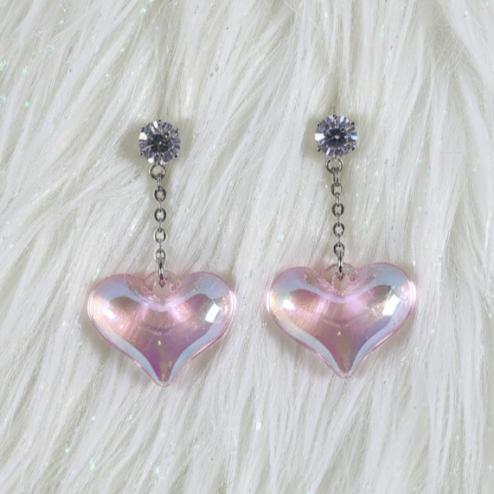 Pink Iridescent Heart Chain Earrings - Pretty in Pink