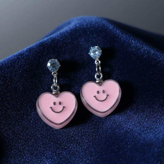 Sparkly Smiley Heart Drop Earrings - Pink Crystal Studs